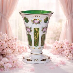 Czech Bohemian Large Green Cased to White Glass Large Flared Rime VASE LOT 4354